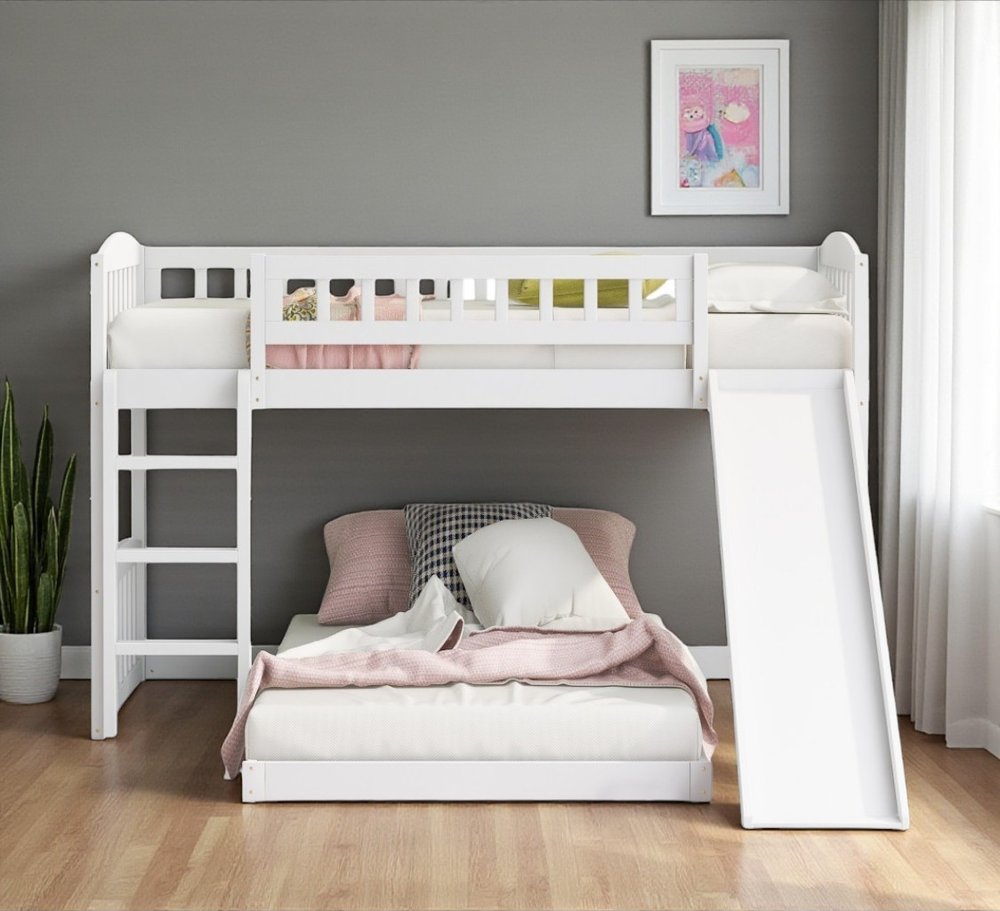 White Twin Over Twin Princess Solid Wood Bunk Bed With Slide