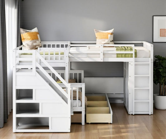 White Twin Over Twin Over Full Solid Wood Bunk Bed With Stairs And Desk And Drawers And Storage