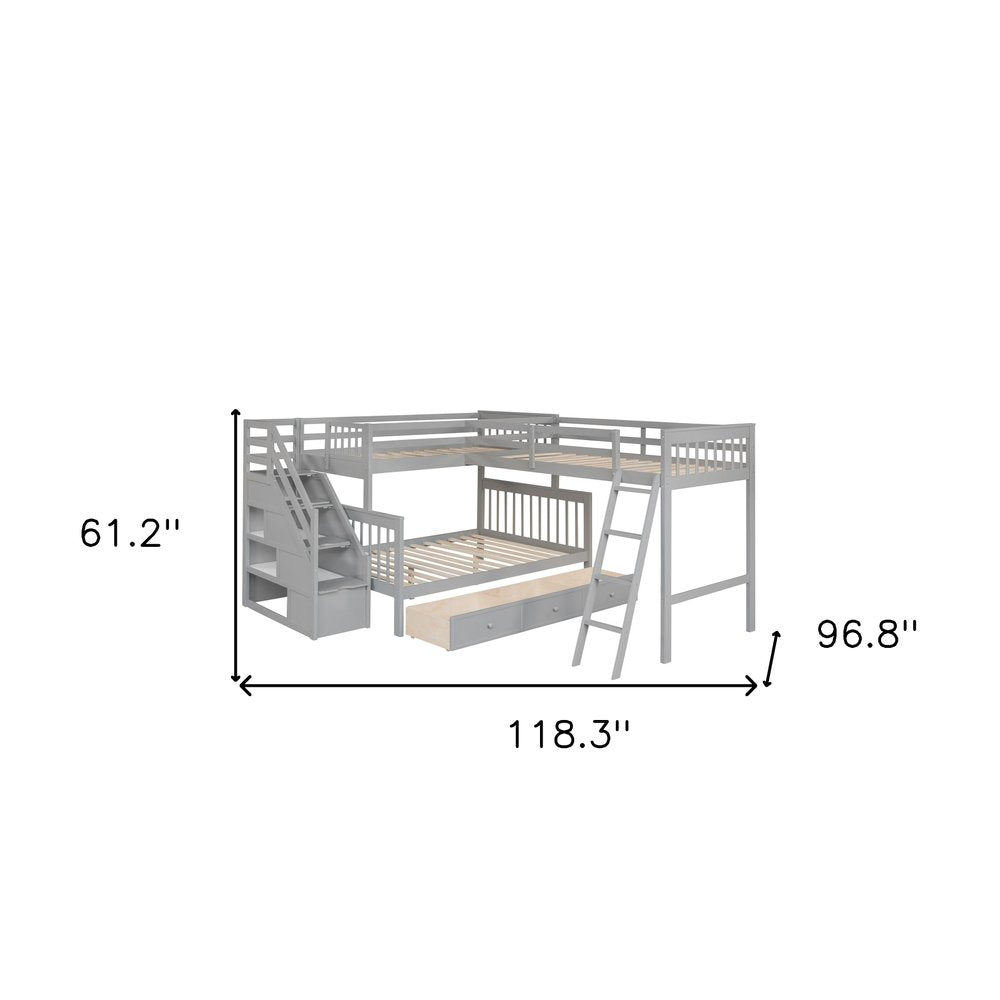 Gray Twin Over Full L Shaped Solid Wood Bunk Bed With Stairs Drawers And Storage