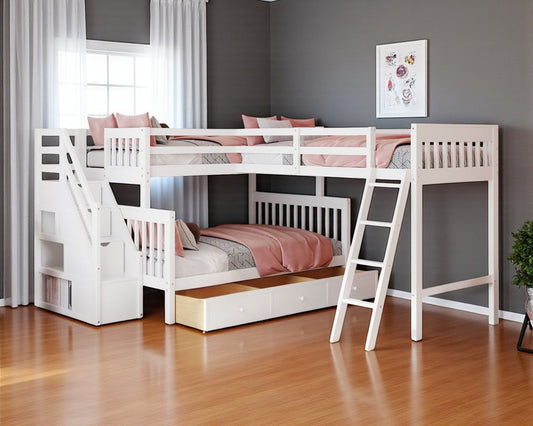 White Twin Over Full Solid Wood Bunk Bed With Stairs And Drawers And Storage