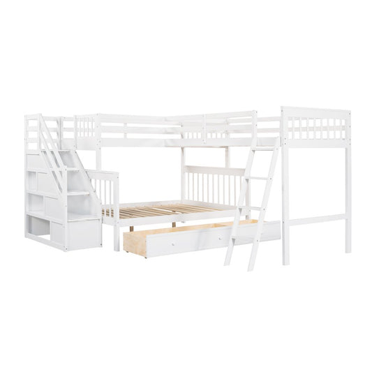 White Twin Over Full Solid Wood Bunk Bed With Stairs And Drawers And Storage