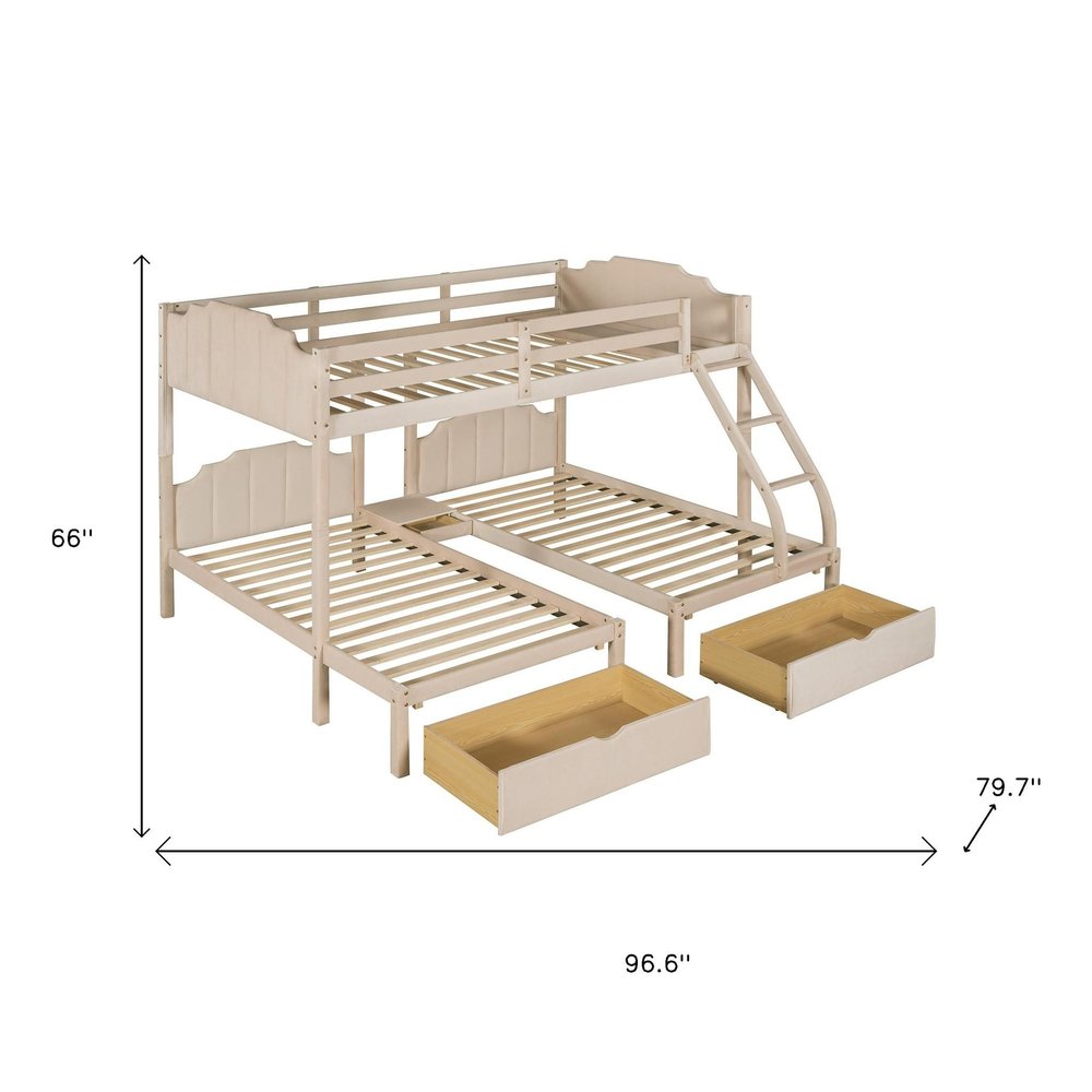 Beige Full Over Two Twins Solid Wood Bunk Bed With Drawers And Storage