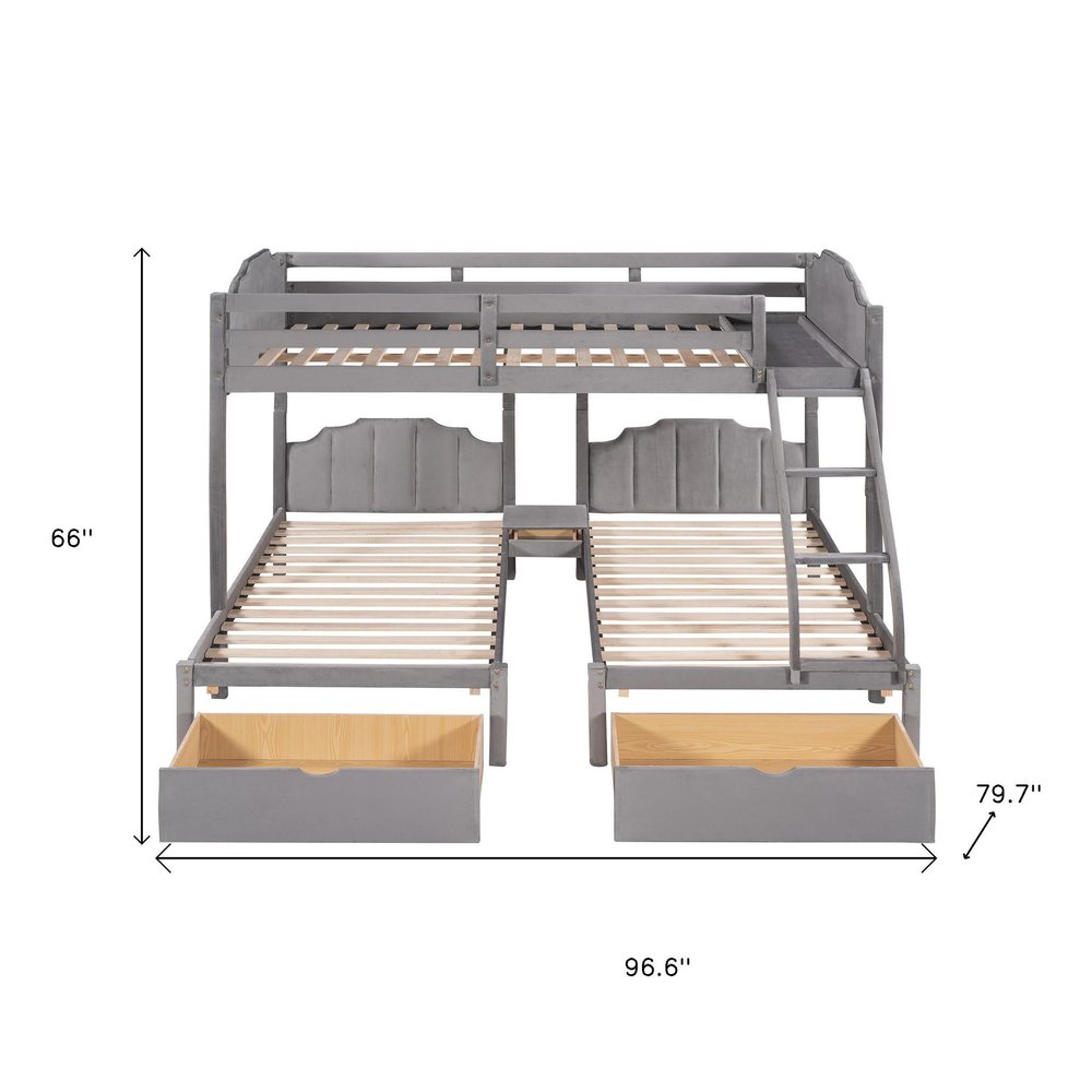 Gray Full Over Two Twins Solid Wood Bunk Bed With Drawers And Storage