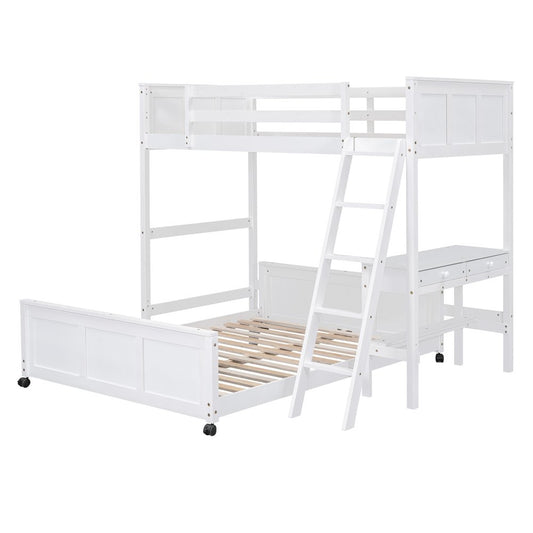 White Twin Over Full Wood Bunk Bed With Desk And Drawers And Storage