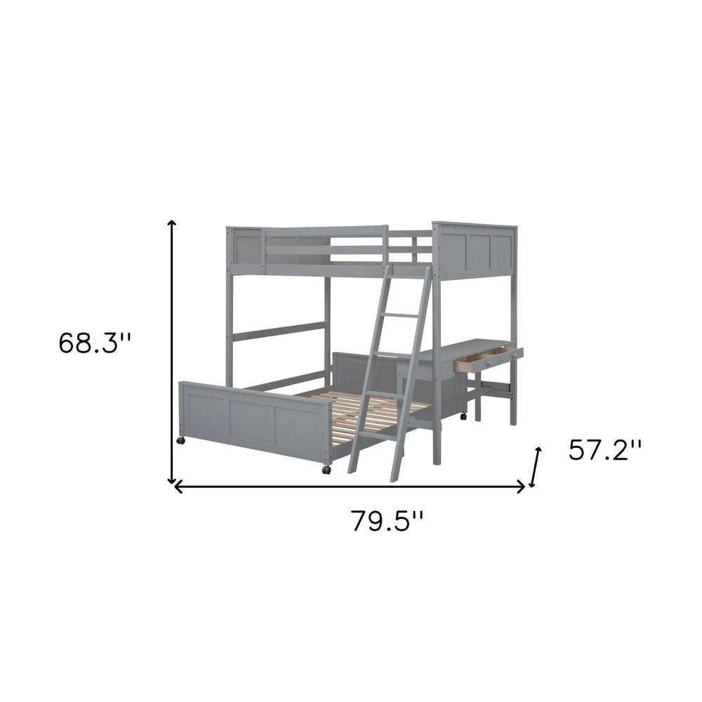 Gray Full Over Full Wood Bunk Bed With Desk And Storage