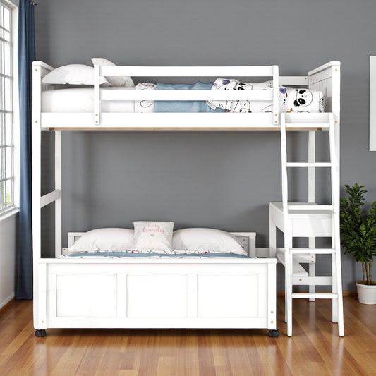 White Full Over Full Wood Bunk Bed With Desk And Drawers And Storage