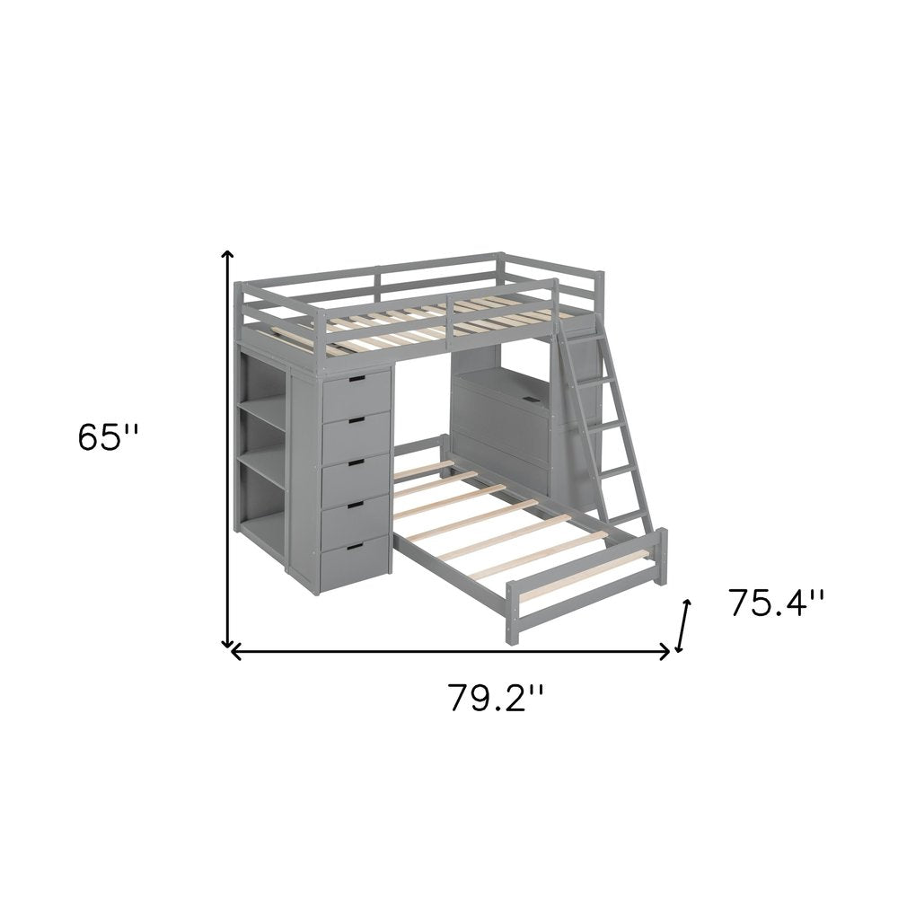 Gray Twin Over Twin Solid Wood Bunk Bed With Desk And Drawers And Storage