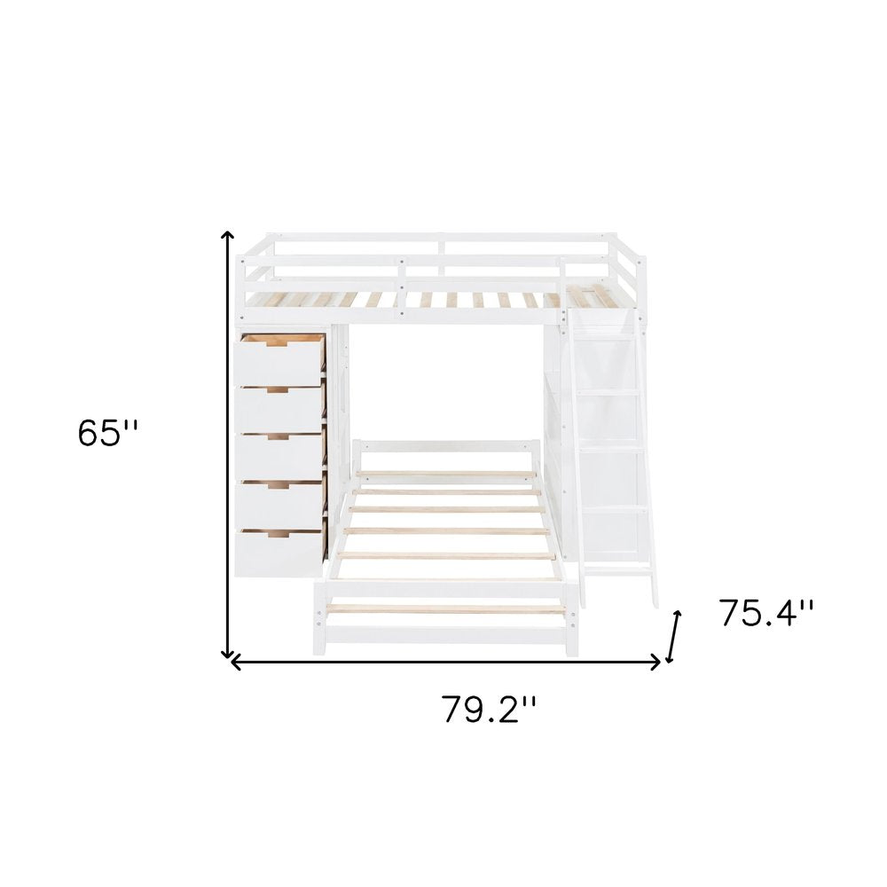 White Twin Over Twin Solid Wood Bunk Bed With Desk And Drawers And Storage