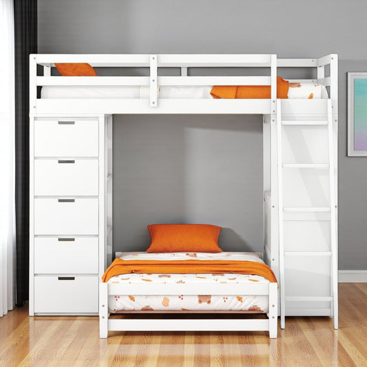 White Twin Over Twin Solid Wood Bunk Bed With Desk And Drawers And Storage