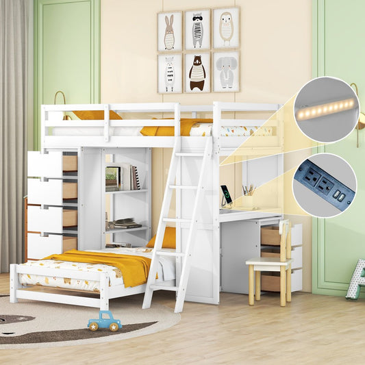 White Twin Over Twin Solid Wood Bunk Bed With Desk And Drawers And Storage