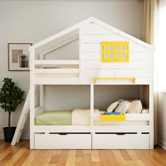 White Twin Over Twin Solid Wood Bunk Bed With Drawers And Storage