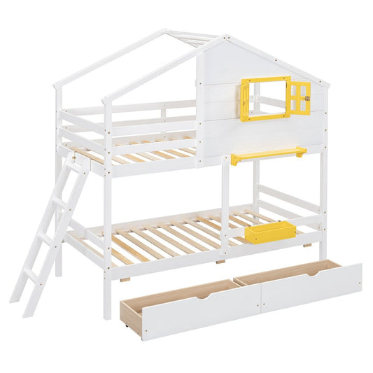 White Twin Over Twin Solid Wood Bunk Bed With Drawers And Storage