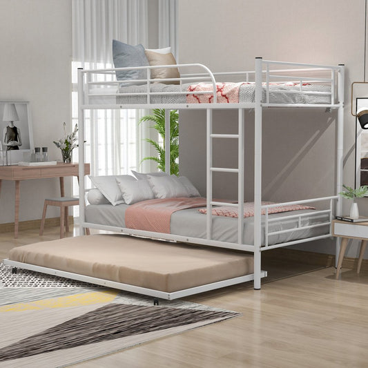 White Twin Over Twin Metal Bunk Bed With Trundle