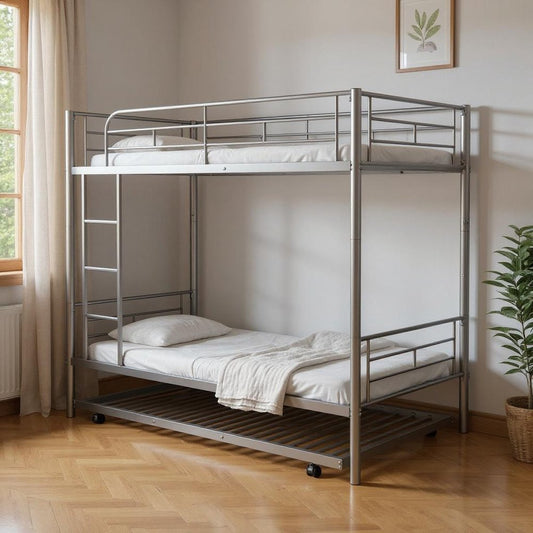 Silver Twin Over Twin Metal Bunk Bed With Trundle