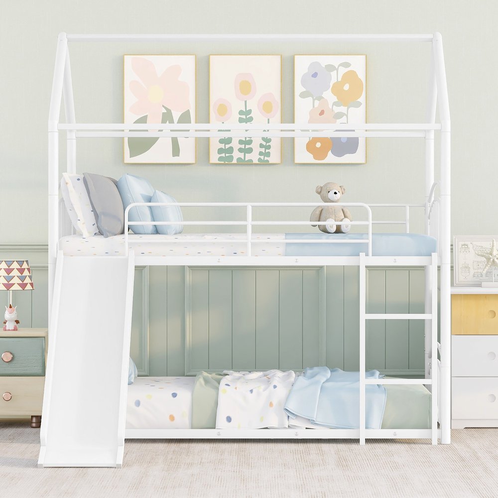 White Twin Over Twin Metal Bunk Bed With Slide