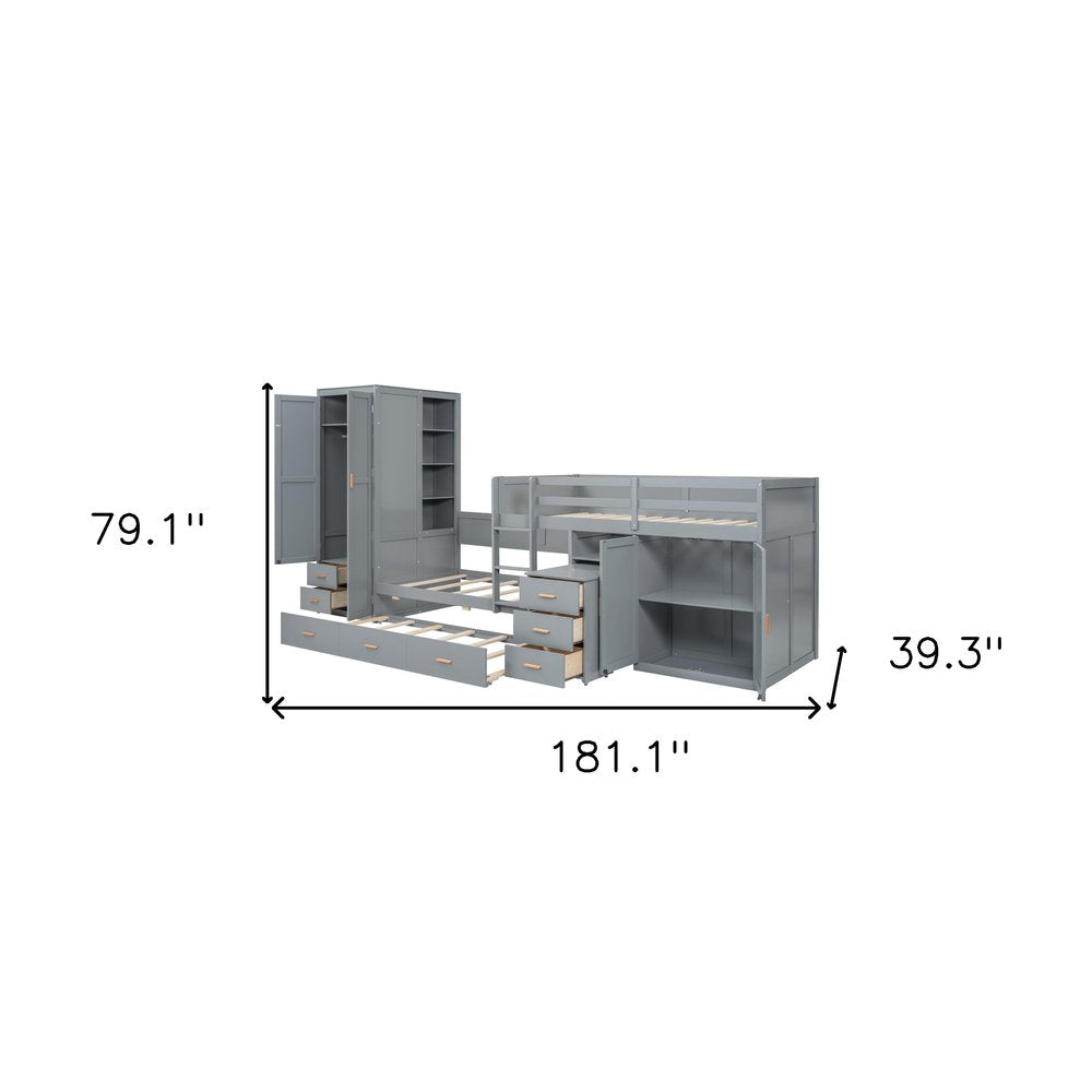 Gray Twin Over Twin Wood Bunk Bed With Desk And Trundle And Storage
