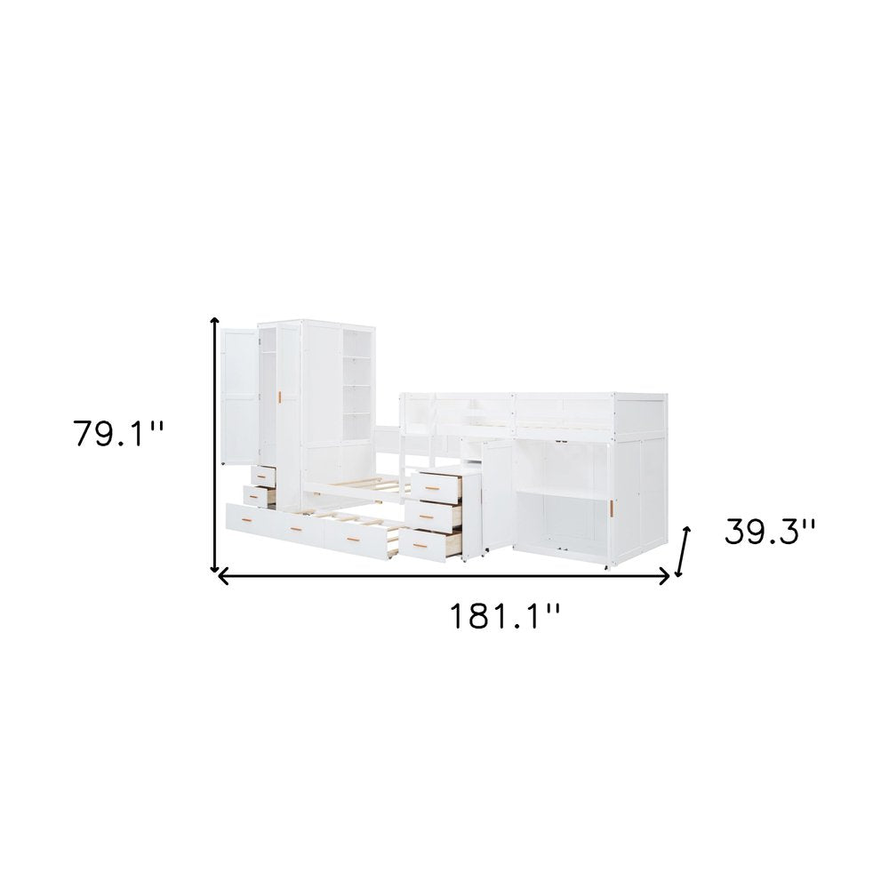 White Twin Over Twin Wood Bunk Bed With Desk And Trundle And Storage