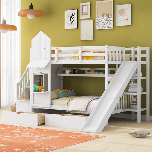 White Twin Over Twin Dollhouse Solid Wood Bunk Bed With Stairs And Slide And Drawers And Storage