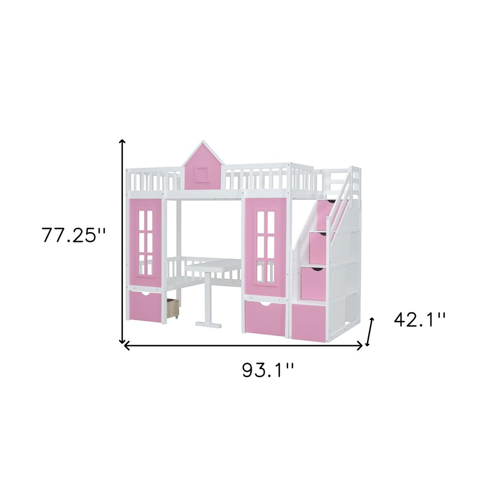 Pink And White Twin Over Twin Solid Wood Bunk Bed With Stairs And Desk And Drawers And Storage