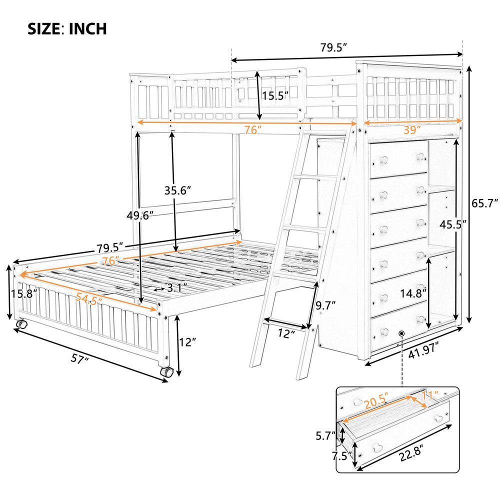 White Twin Over Full Solid Wood Bunk Bed With Drawers And Storage