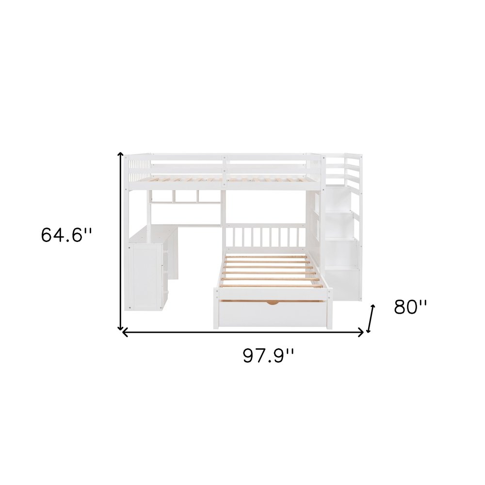White Full Over Twin Solid Wood Bunk Bed With Stairs And Desk And Drawers And Storage