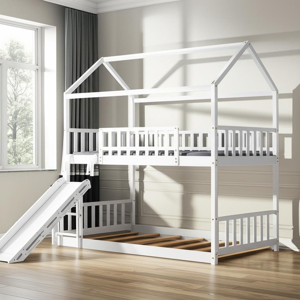 White Twin Over Twin Solid Wood Bunk Bed With Slide