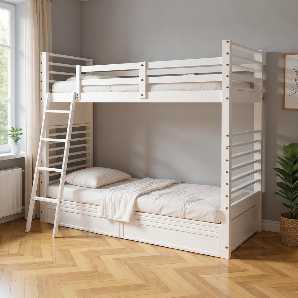 White Twin Over Twin Solid Wood Bunk Bed With Drawers And Storage