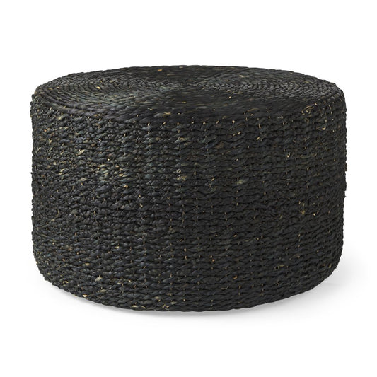 30" Black Water Hyacinth Round Pouf Ottoman