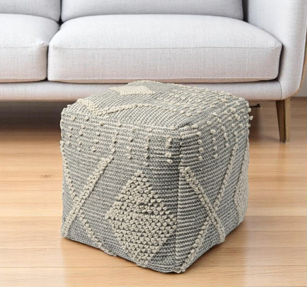 18" Gray And Cream Woven Geometric Cube Pouf Ottoman