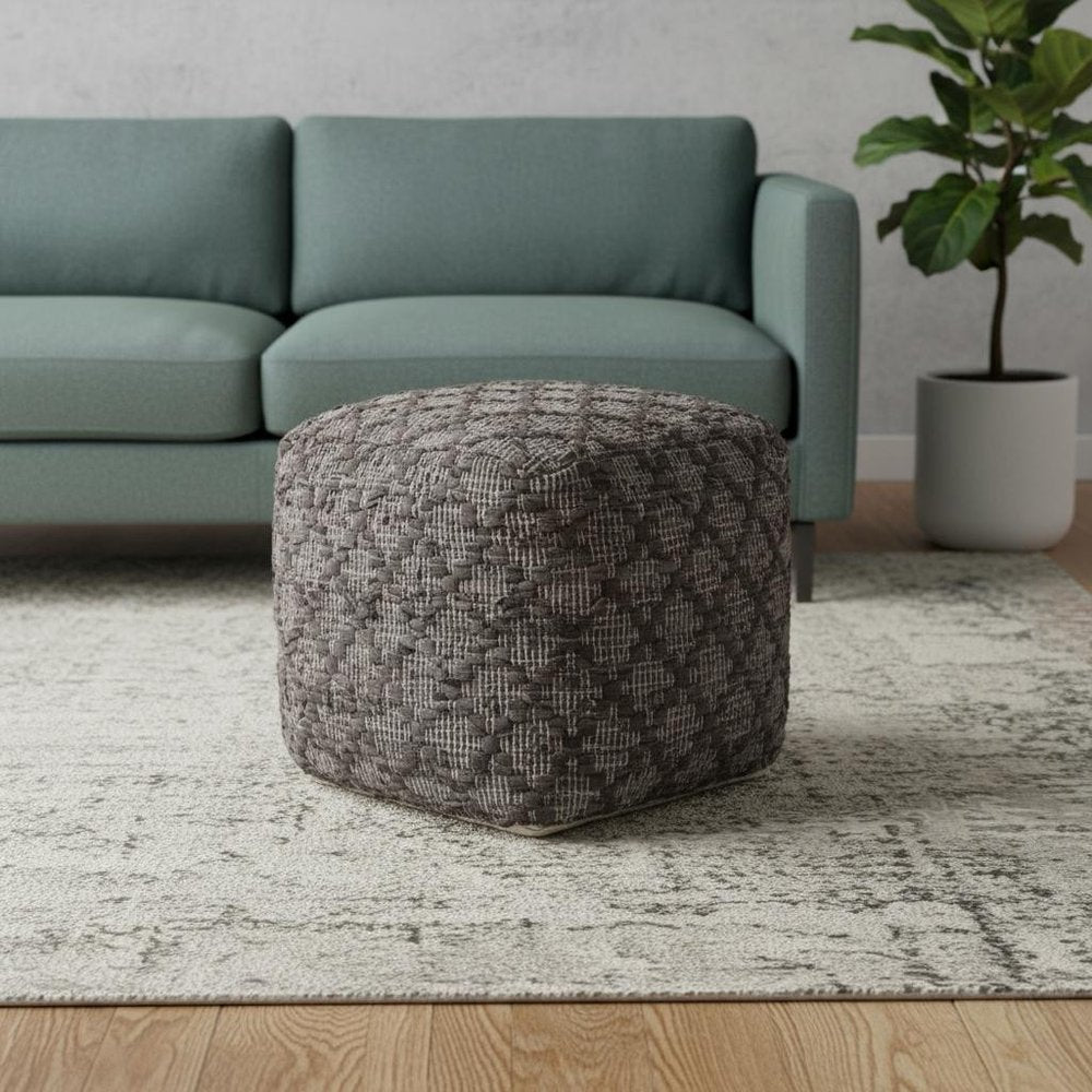 16" Brown and Gray Cotton And Leather Geometric Cube Pouf Ottoman