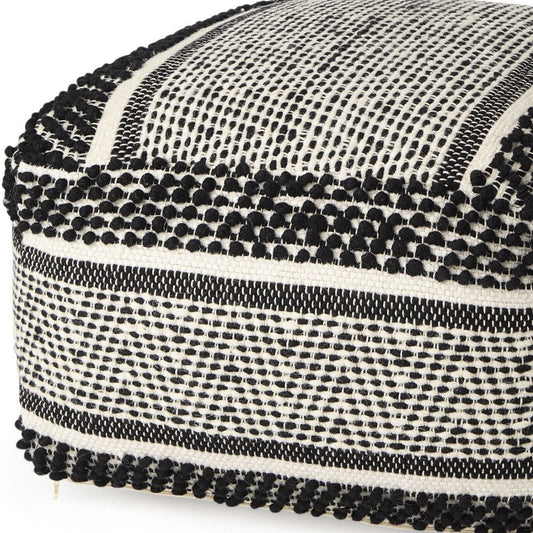22" Black and White Cotton And Wool Geometric Pouf Ottoman