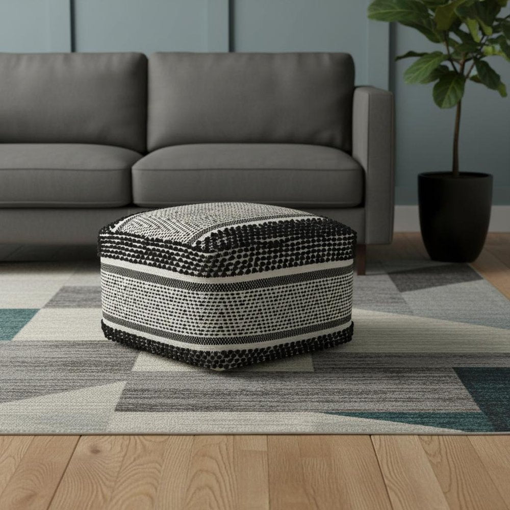 22" Black and White Cotton And Wool Geometric Pouf Ottoman