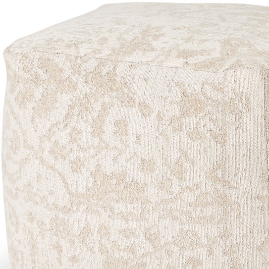 18" Cream and Beige Fabric Damask Pouf Ottoman