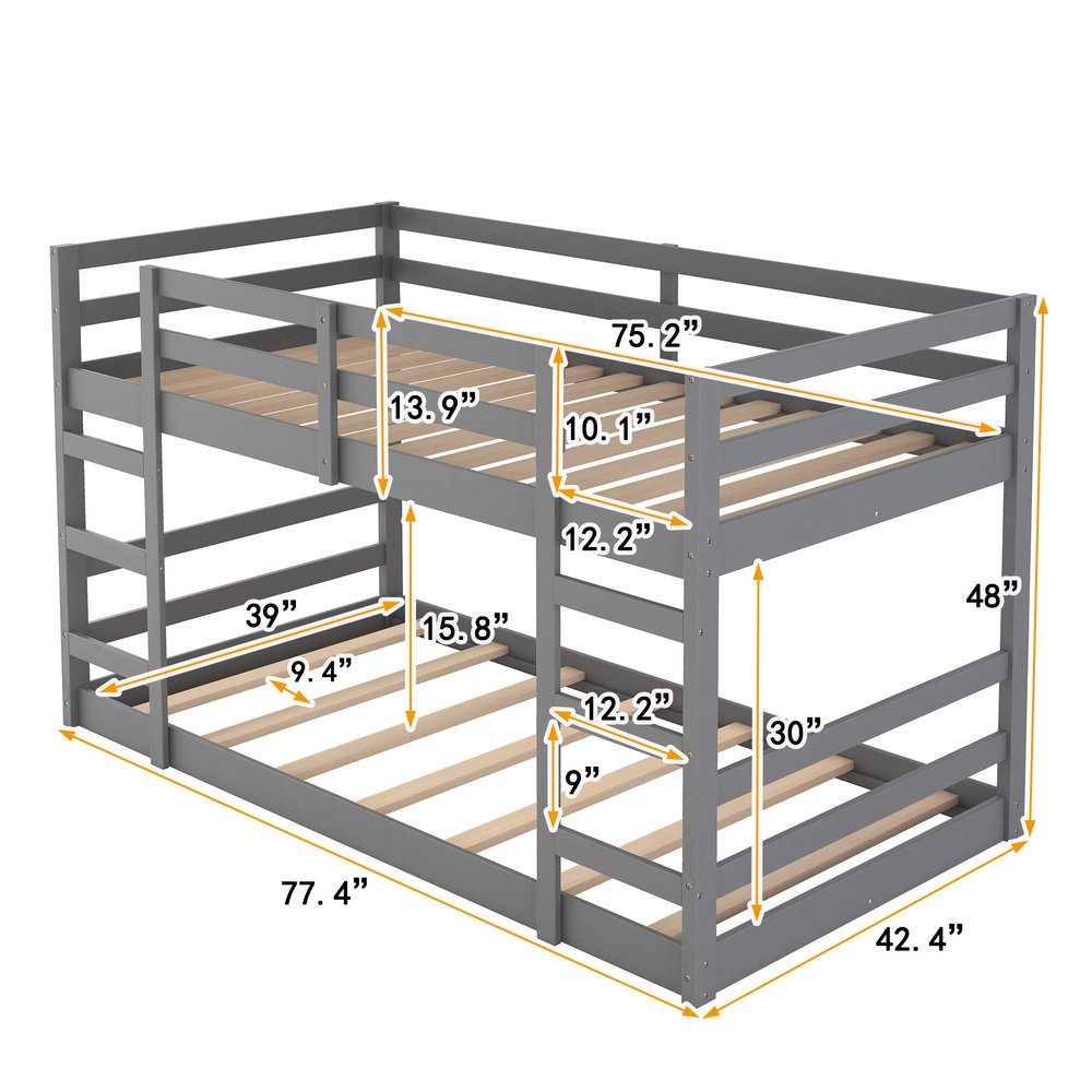 Gray Twin Over Twin Solid Wood Bunk Bed