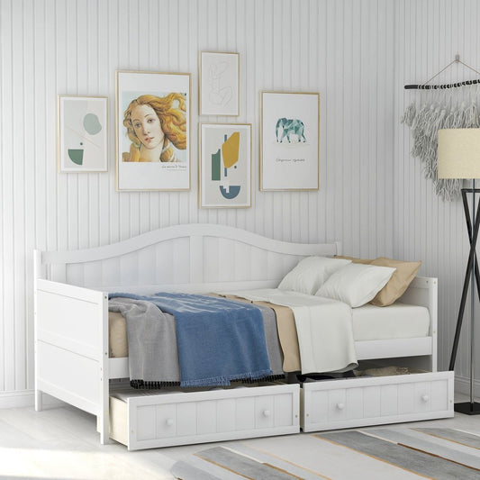 White Wood Twin Daybed Frame With Drawers