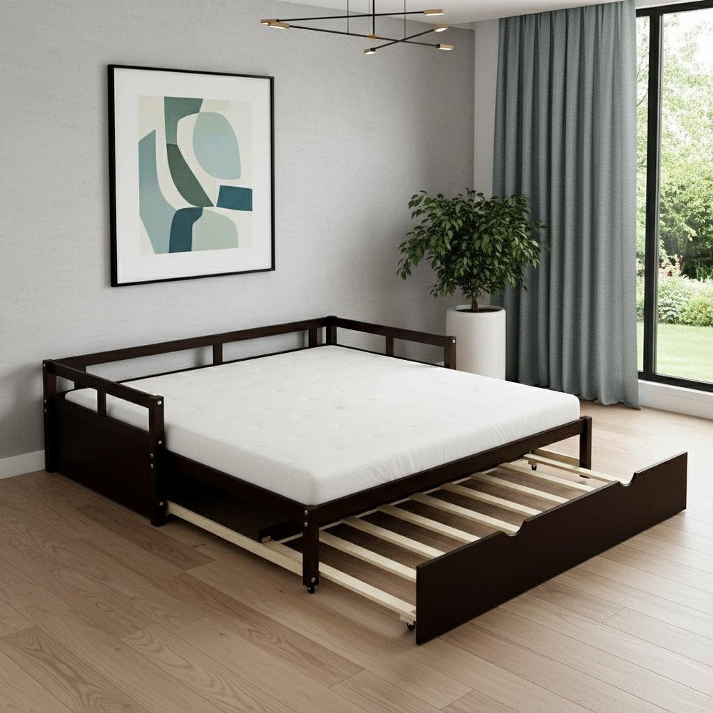 Espresso Wood Twin Daybed Frame With Trundle