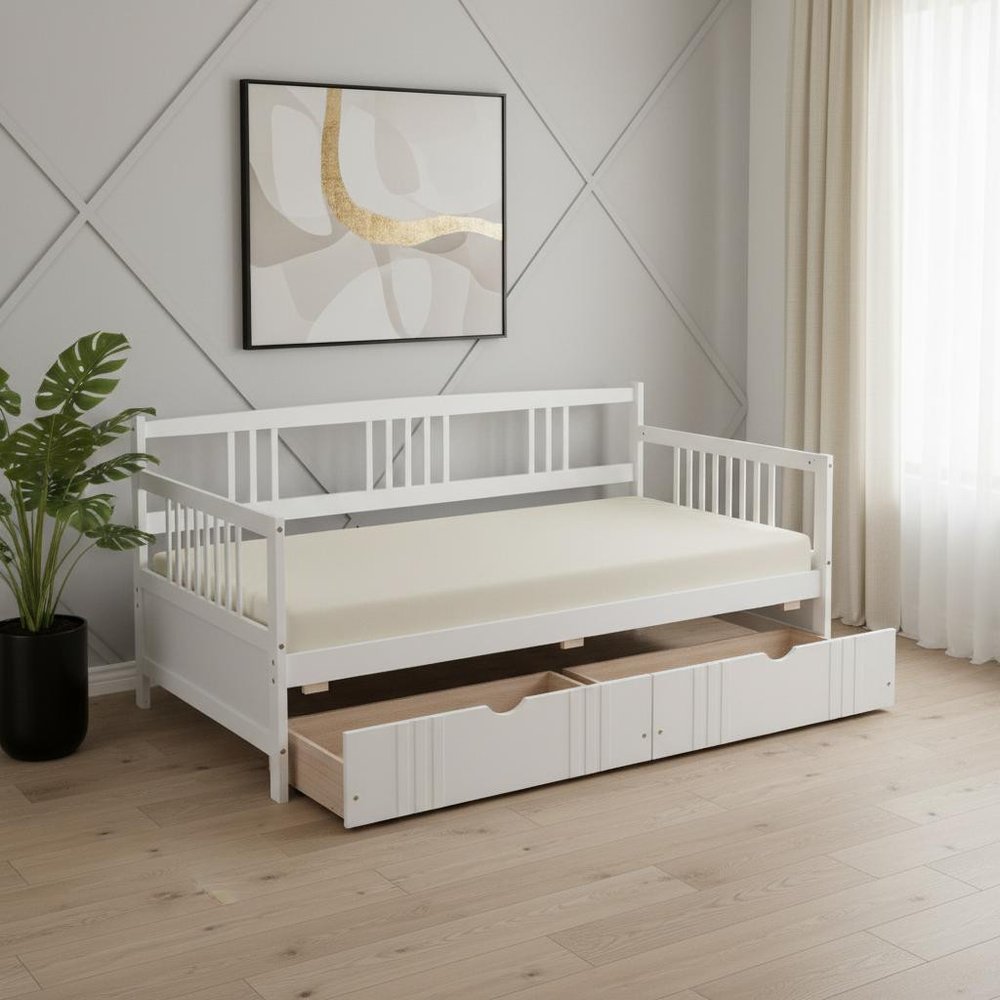White Wood Twin Daybed Frame With Drawers