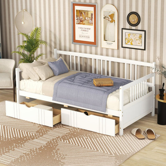 White Wood Twin Daybed Frame With Drawers