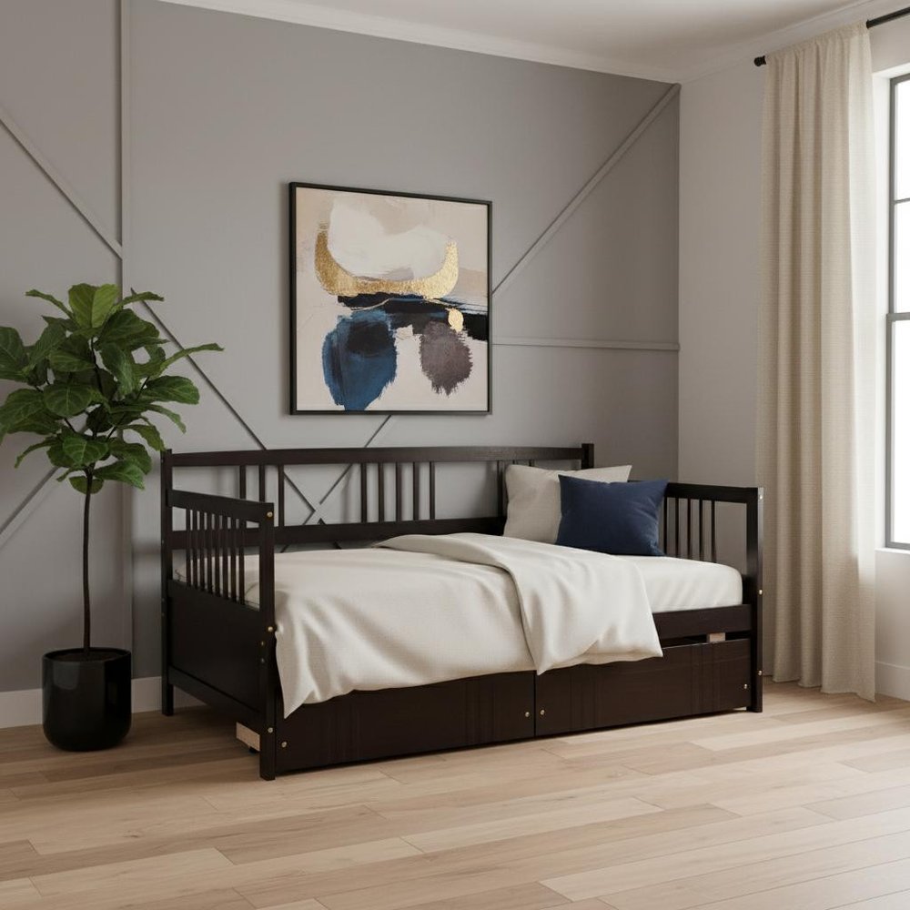 Espresso Wood Twin Daybed Frame With Drawers