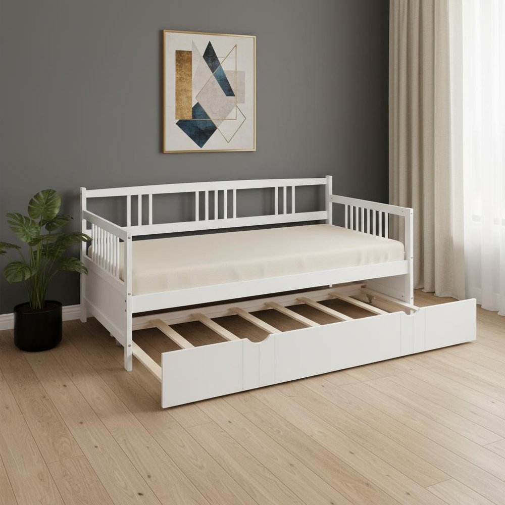 White Wood Twin Daybed Frame With Trundle