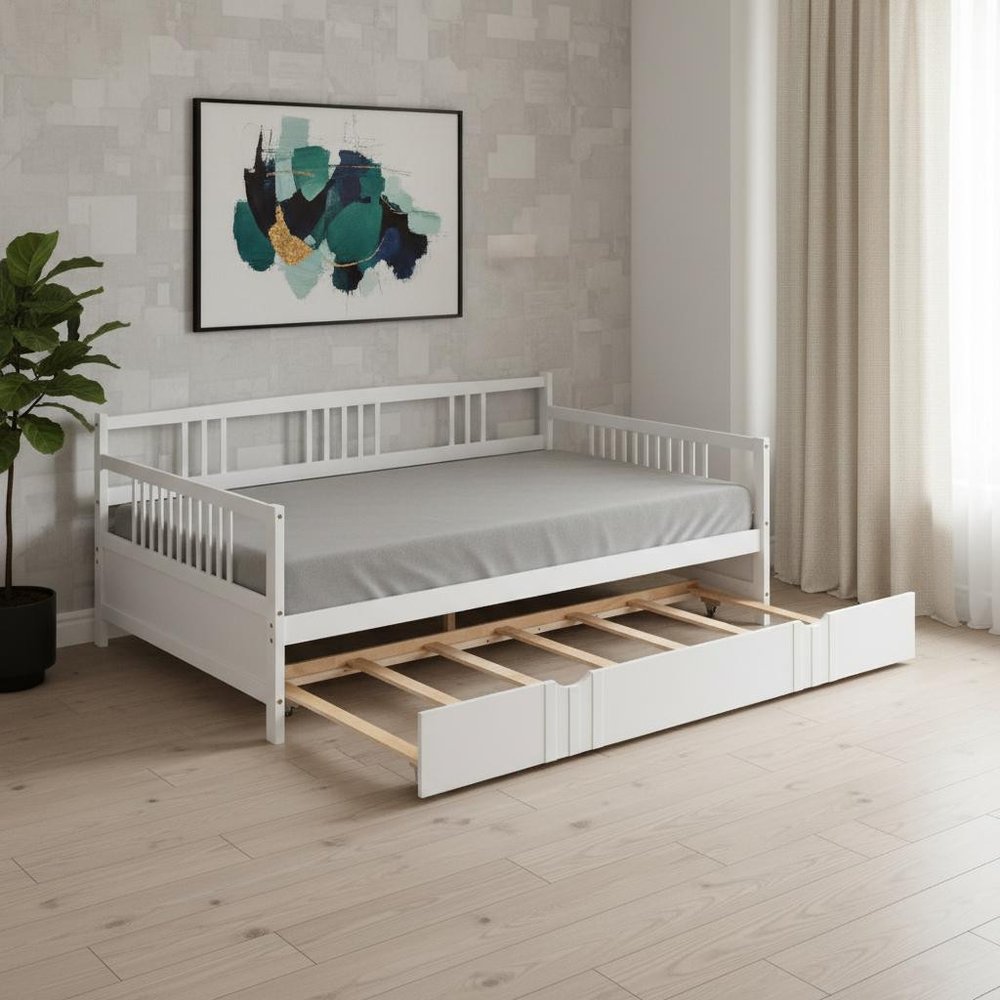 White Wood Full Daybed Frame With Trundle