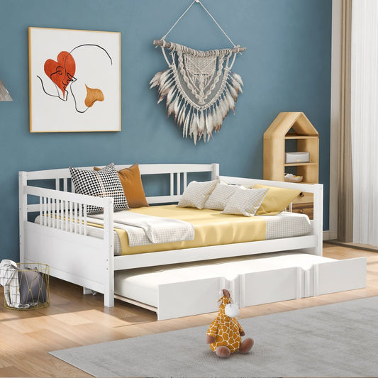 White Wood Full Daybed Frame With Trundle