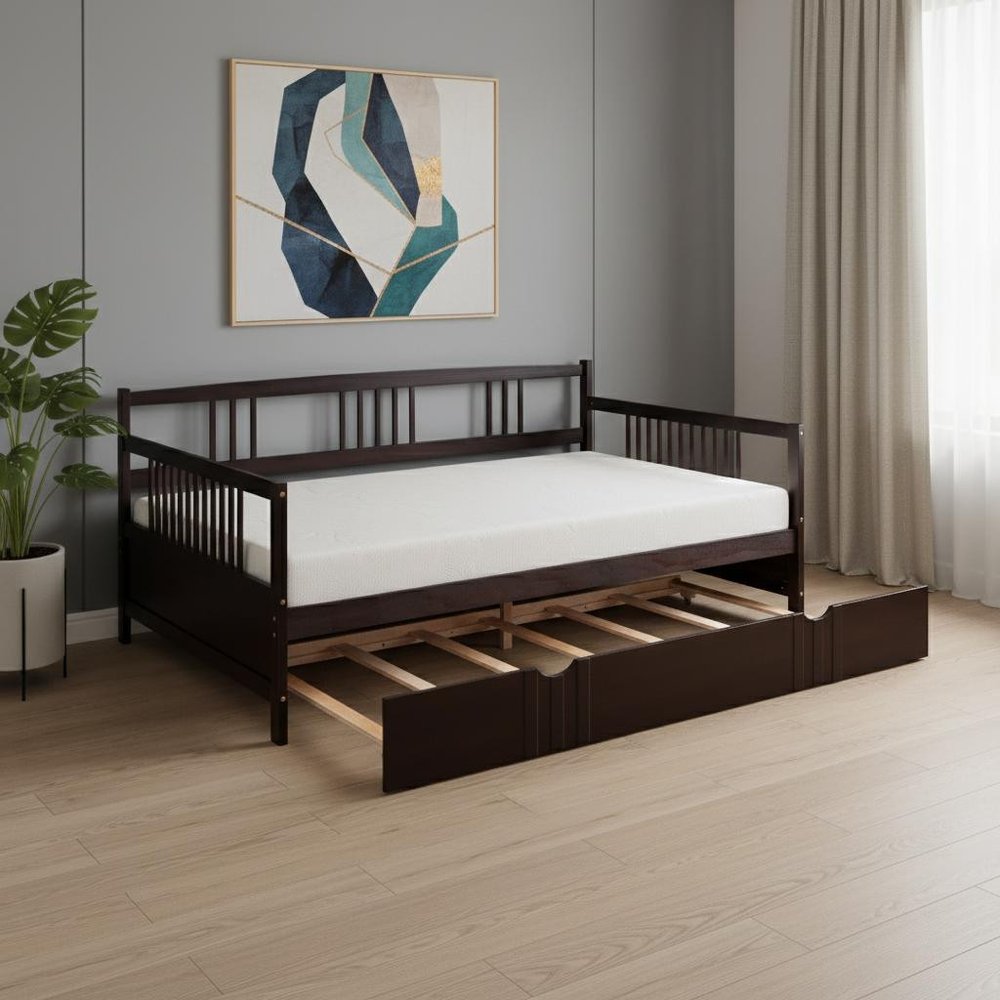 Espresso Wood Full Daybed Frame With Trundle