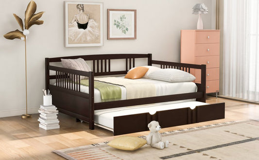 Espresso Wood Full Daybed Frame With Trundle