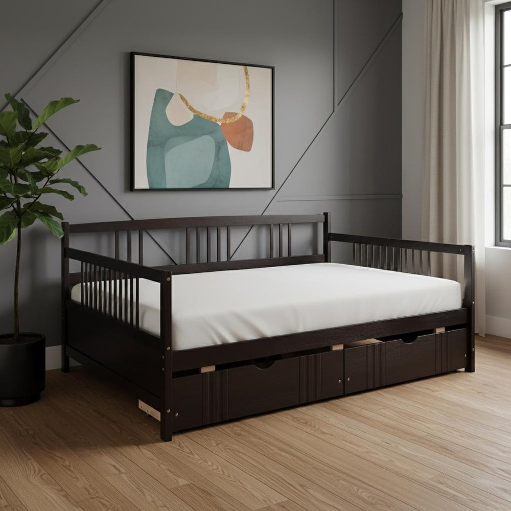 Espresso Wood Full Daybed Frame With Drawers
