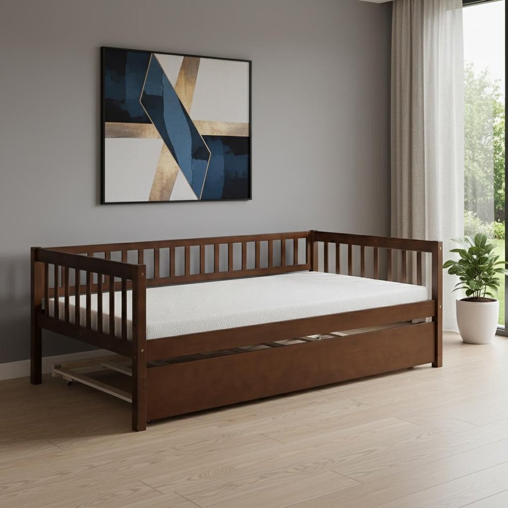 Walnut Wood Twin Daybed Frame With Trundle