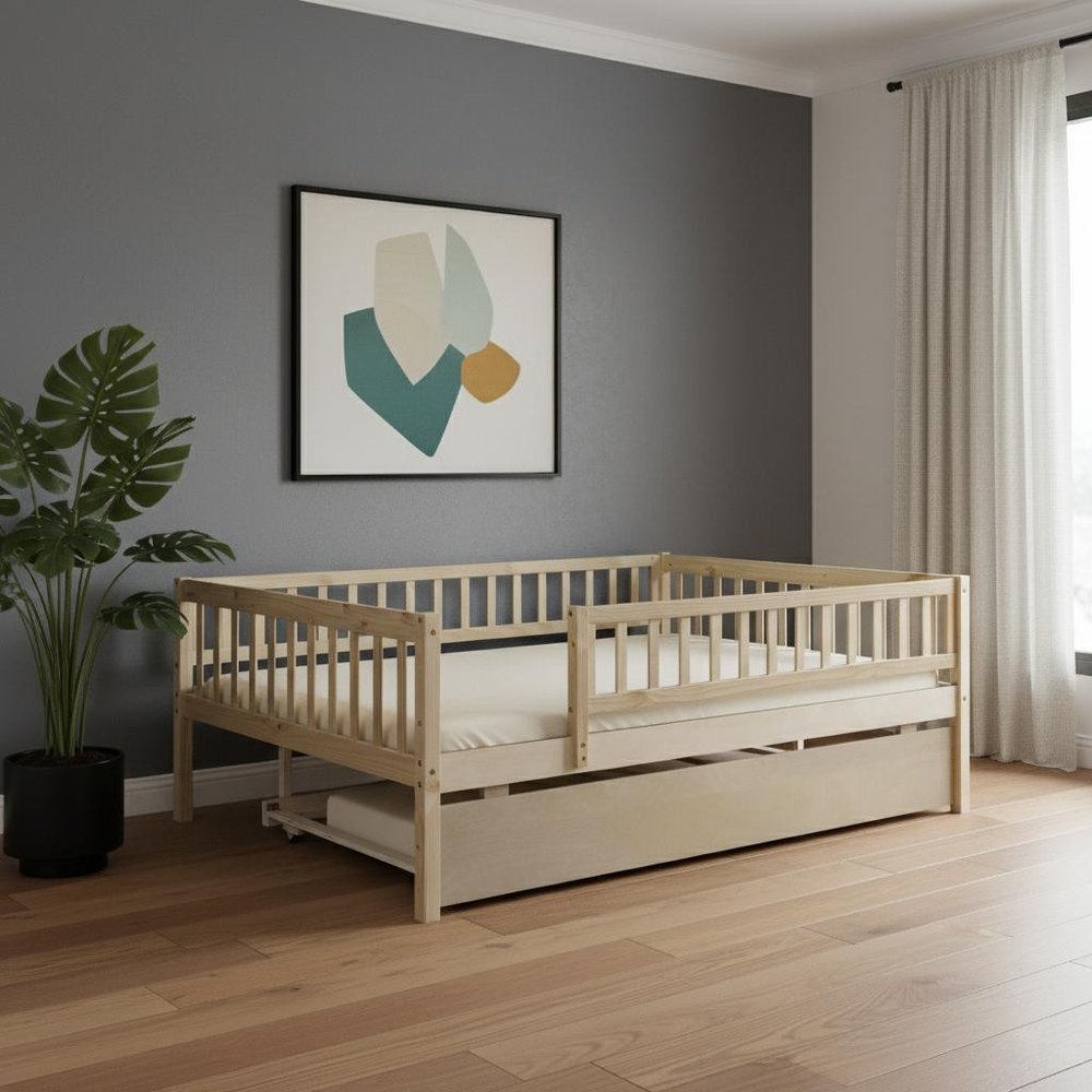 Natural Wood Full Daybed Frame With Trundle