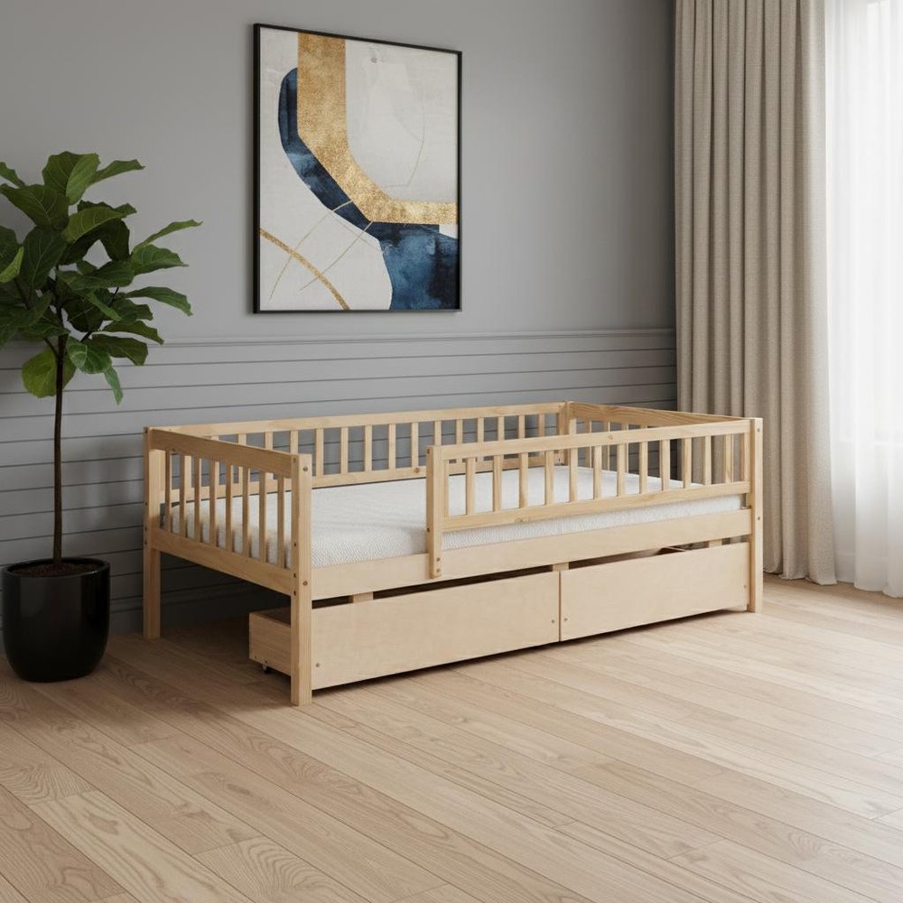 Natural Wood Twin Daybed Frame With Drawers