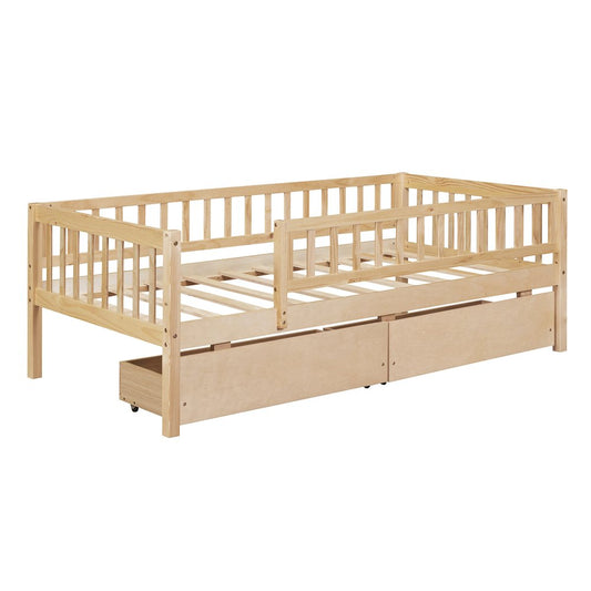 Natural Wood Twin Daybed Frame With Drawers