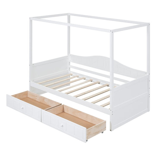 White Wood Twin Daybed Frame With Drawers